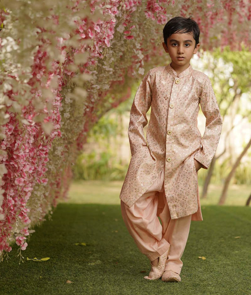 Boy's Peach Embroidery Ajkan And Peach Salwar - Fayon Kids