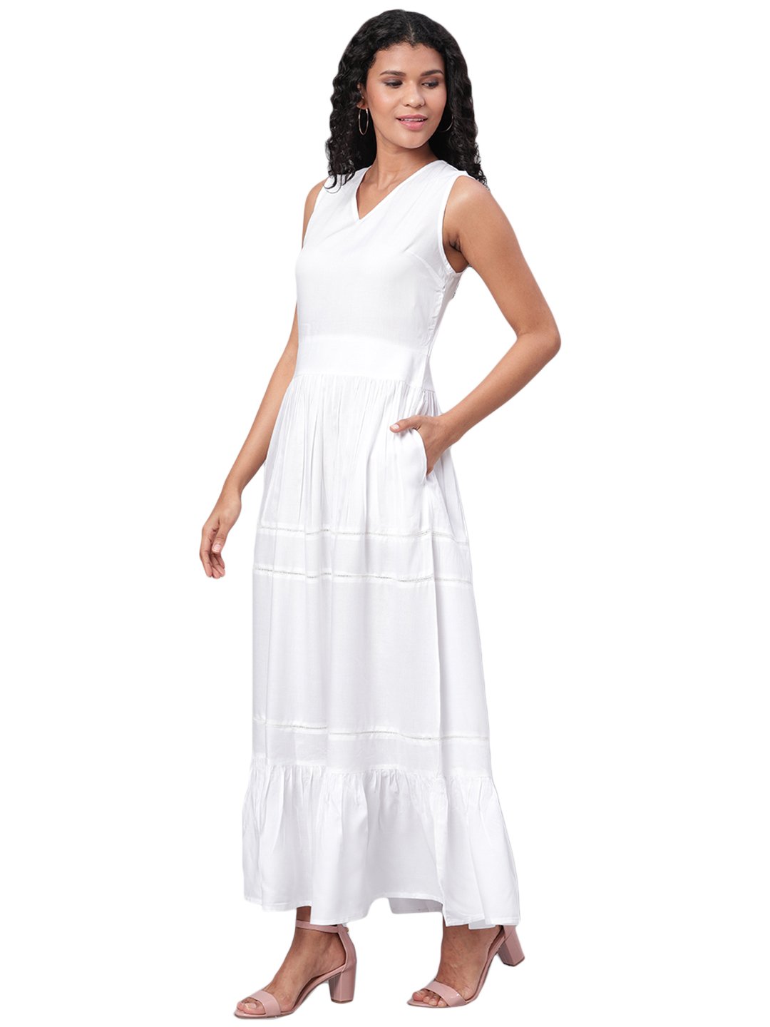 Women's White Solid Sleeveless Cotton V Neck Casual Dress - Myshka
