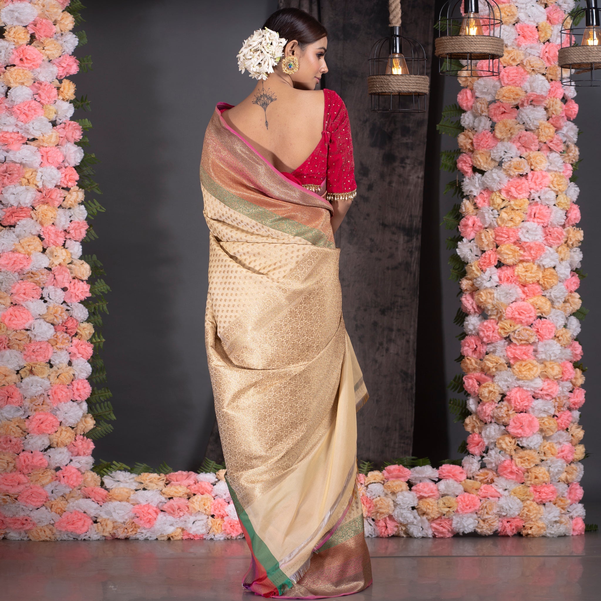 Women's Ivory Gold Silk Brocade Banarasi Saree With Multicolor Zari Woven Border - Boveee