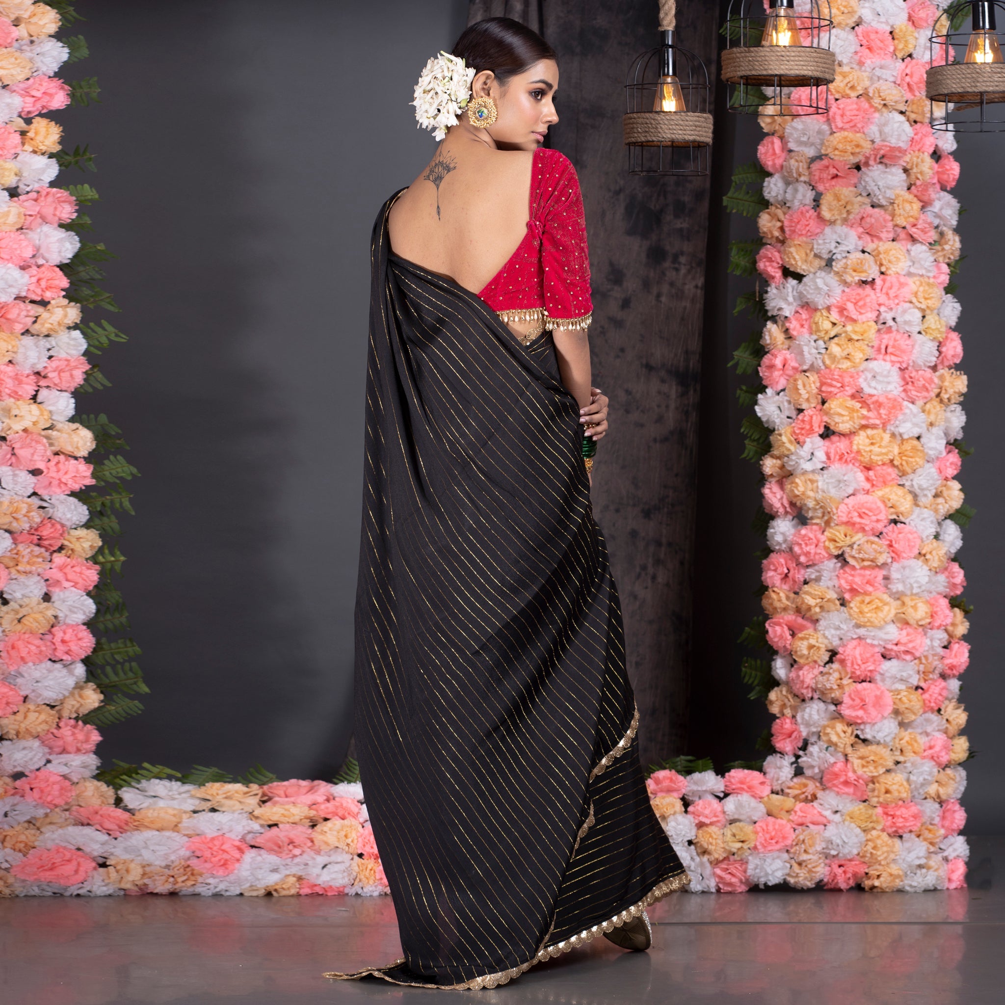 Women's Black Georgette Saree With Lurex Gold Stripes And Scallop Embroidered Border - Boveee