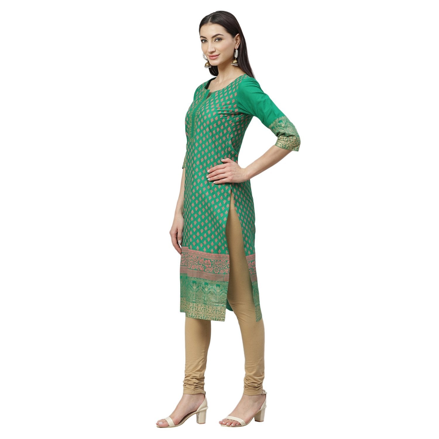 Women's Green Cotton Printed 3/4 Sleeve Round Neck Casual Kurta Only - Myshka