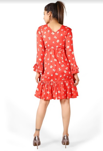 Women's Cherry Red Digital Printed Retro Short Tunic Dress - MESMORA FASHIONS