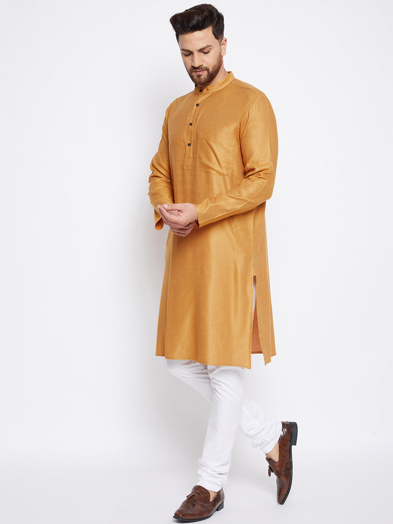 Men's Woven Design Yellow Straight Kurta