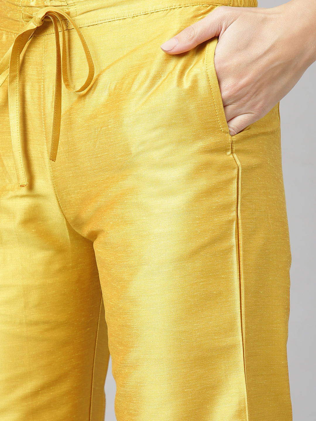 Women's Yellow Solid Mirror Embroidered Side Slit Kurta With Palazzo And Dupatta Set - Azira