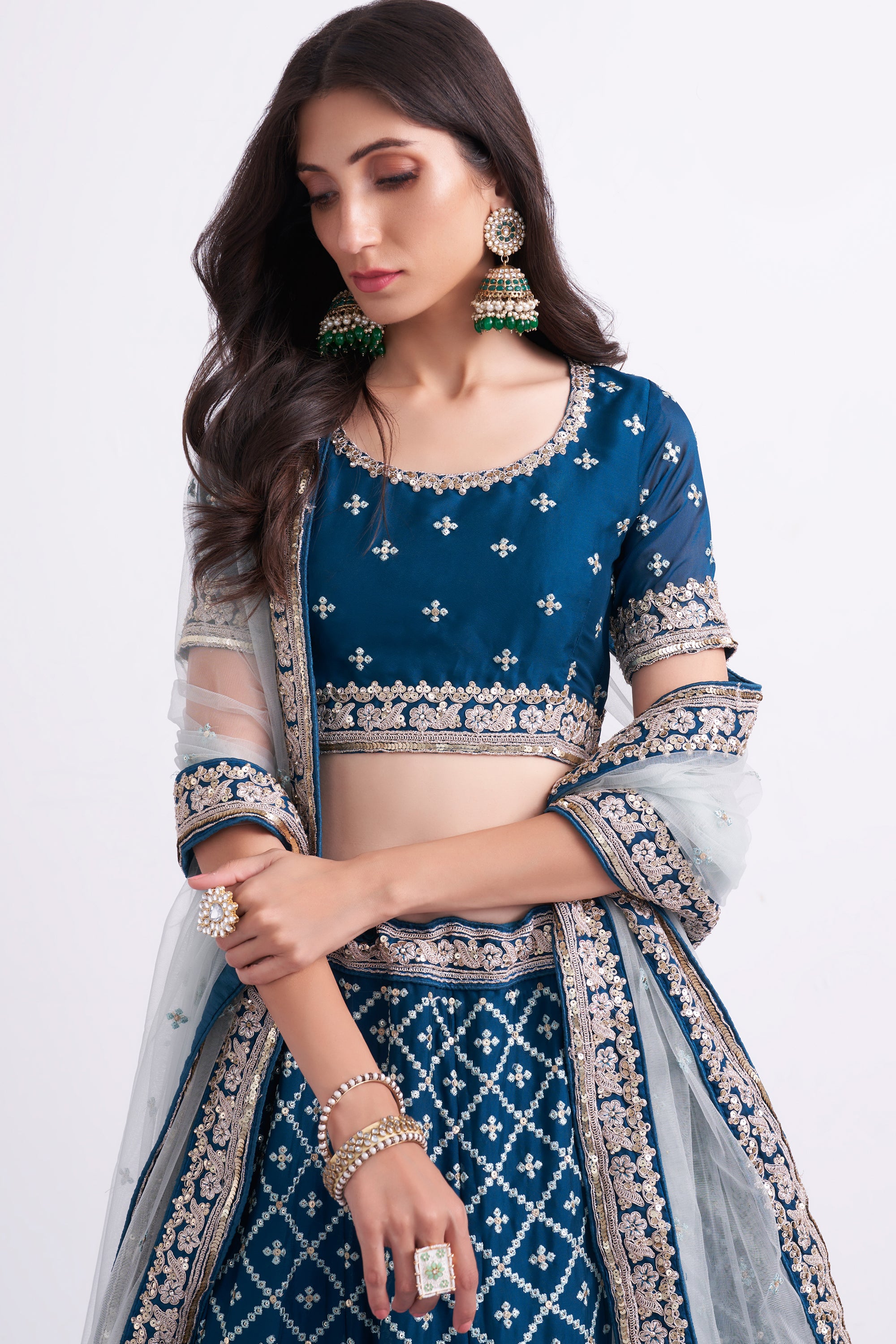 Women's Bridal Heritage Teal Blue Heavy Embroidered Silky Georgette Designer Lehenga - CHITRAS