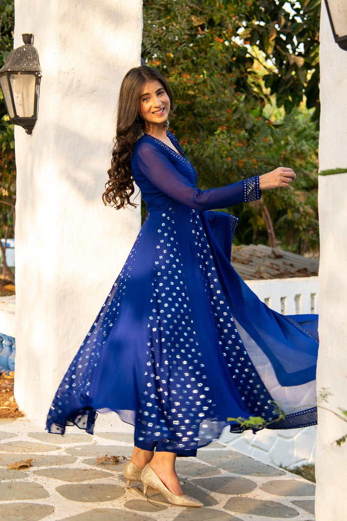 Women's Royal Blue Mirron Sequin Alternate Anarkali Set