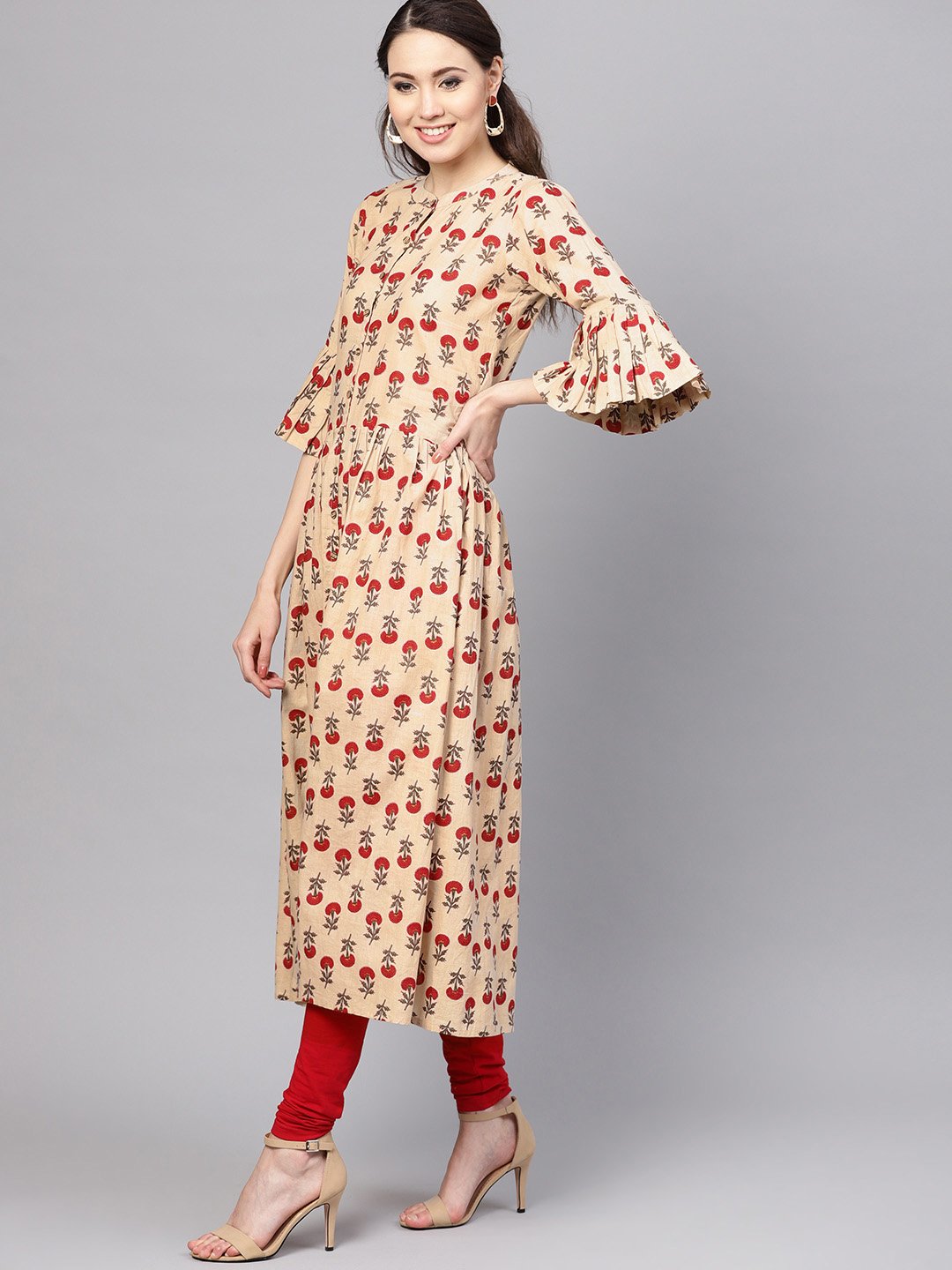 Women's Pink Cotton Printed Bell Sleeves Round Neck Casual Kurta Only - Myshka