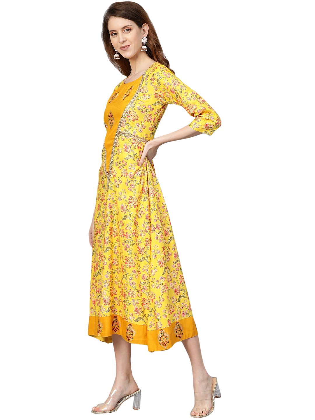 Women's Yellow Printed 3/4 Sleeve Cotton Slub Round Neck Casual Dress - Myshka