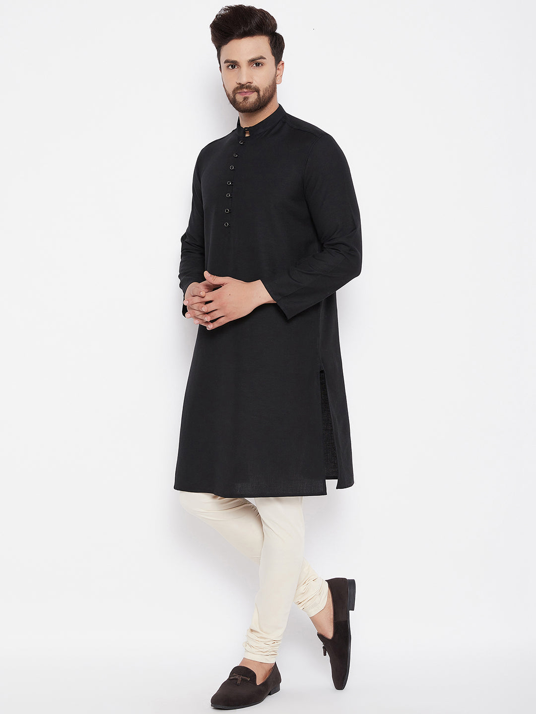 Men's Solid Black Linen Kurta - Even Apparels