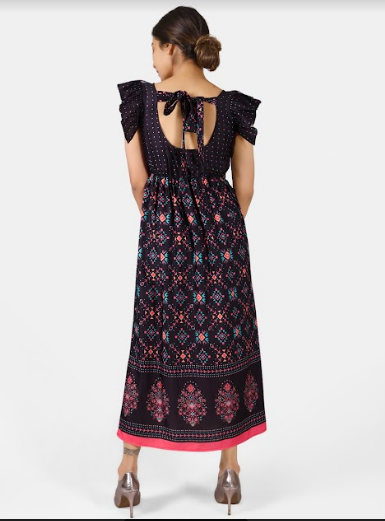 Women's Black Digital Printed Frill Yoke Ankle Length Tunic Dress - MESMORA FASHIONS