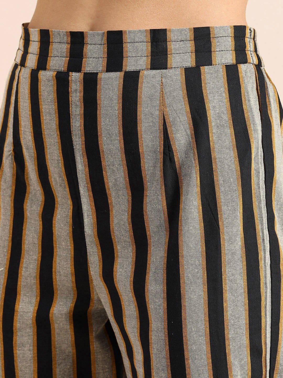 Women's KSUT Mustard And Grey Woven Stripe Kurta With Stripe Woven Trouser - Varanga