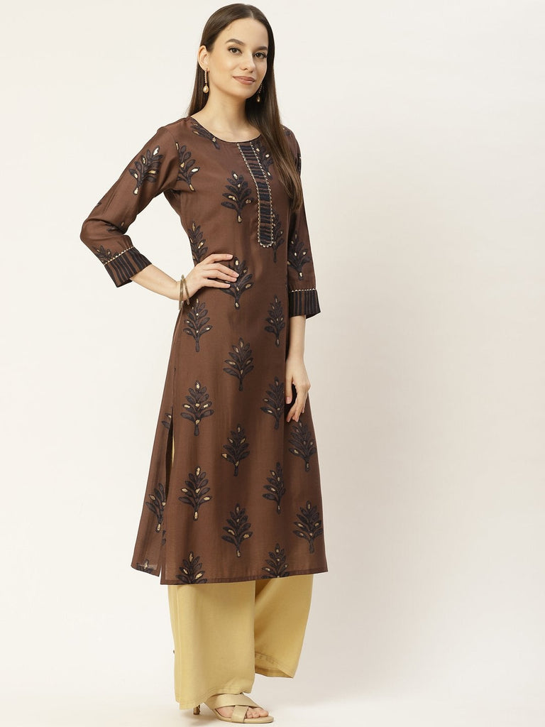 Women's Brown & Black Floral Printed Kurta (1pc)