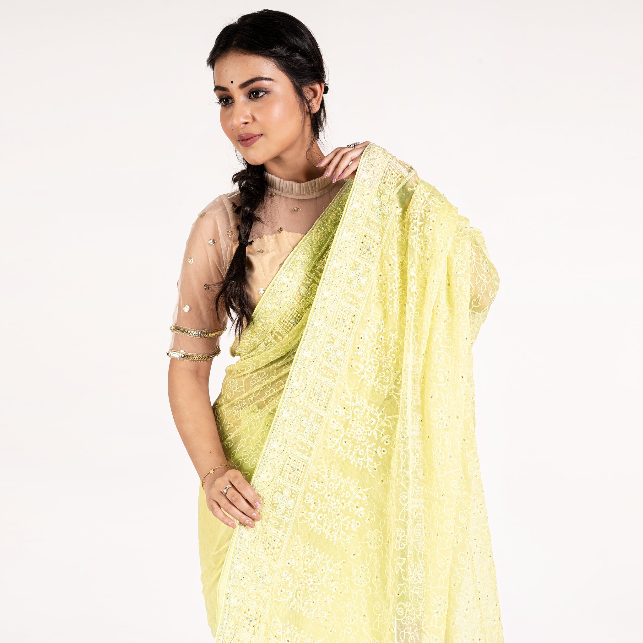 Women's Lime Green Pure Chiffon Fully Embroidered Saree With Crystallization - Boveee