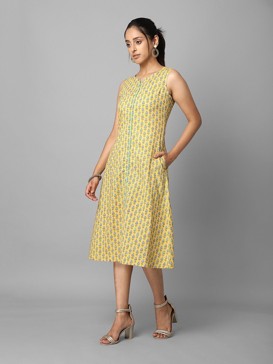 Women's Yellow Ethnic Printed Button Down A-Line Dress - Azira