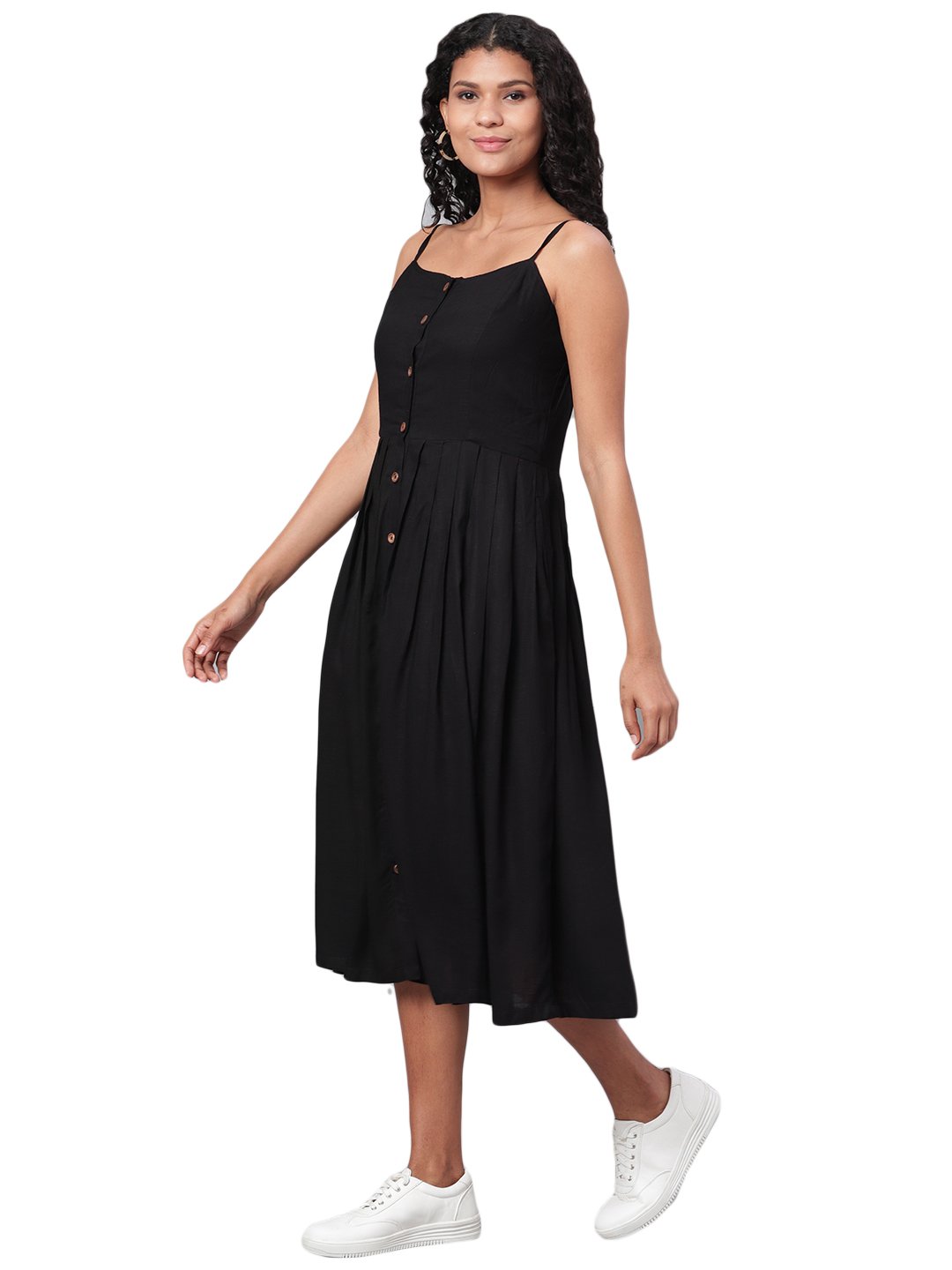 Women's Black Solid Sleeveless Cotton Streps Neck Casual Dress - Myshka
