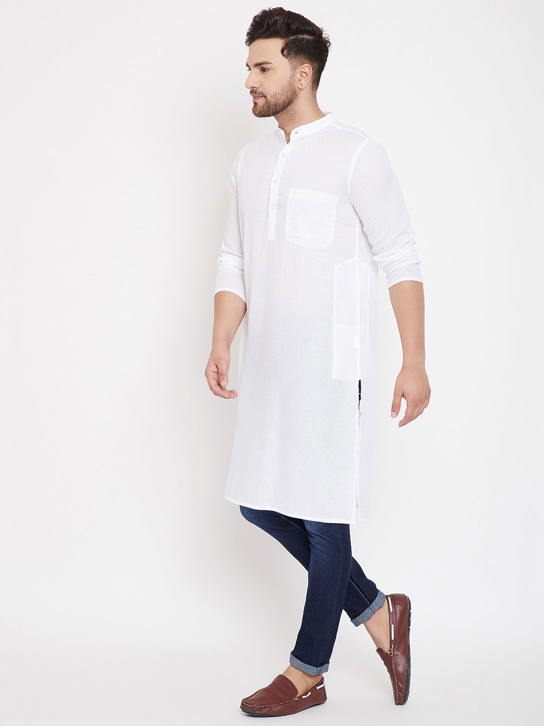 Men's Cotton White Solid Kurta
