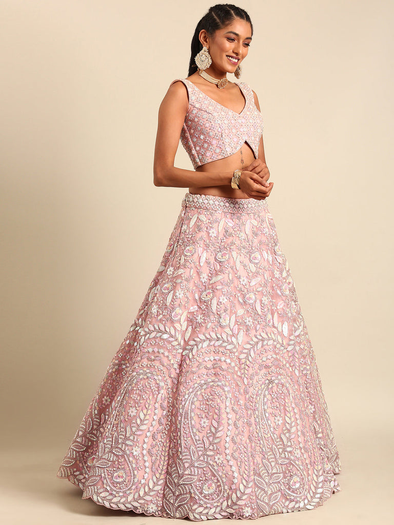 Women 's Pink Net Multi Sequins with heavy Zarkan embroidery Ready to Wear Lehenga choli & Dupatta