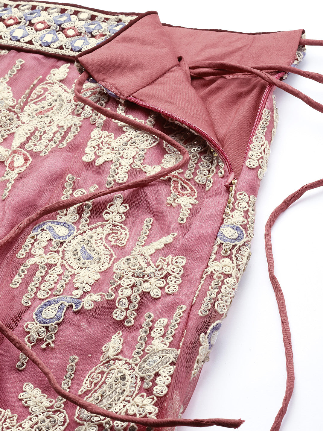 Women's Burgundy Net Multi Colour Thread Embroidered Lehenga & Blouse, Dupatta - Royal Dwells