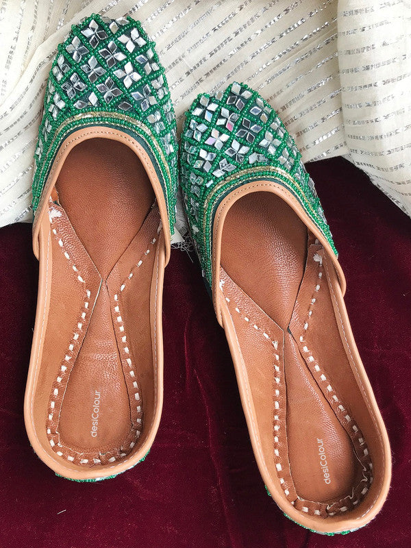 Women's Green Mirror Work Leather Embroidered Indian Handcrafted Ethnic Comfort Footwear - Desi Colour
