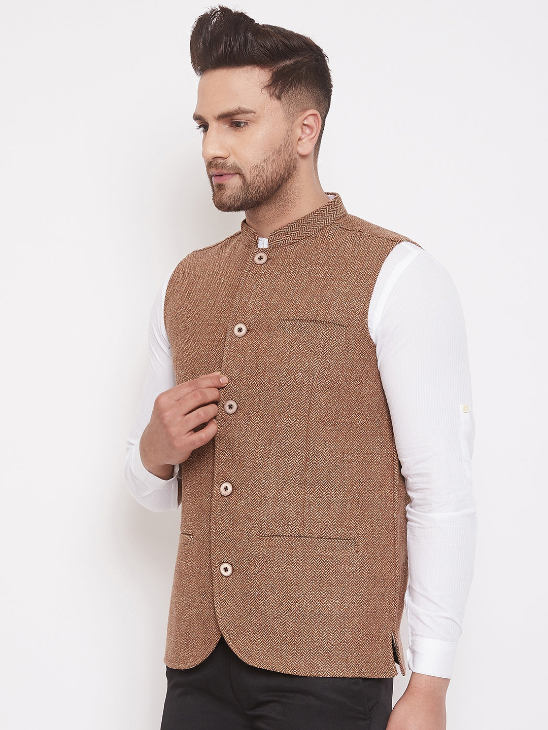 Men's Brown Woolen Tweed Nehru Jacket