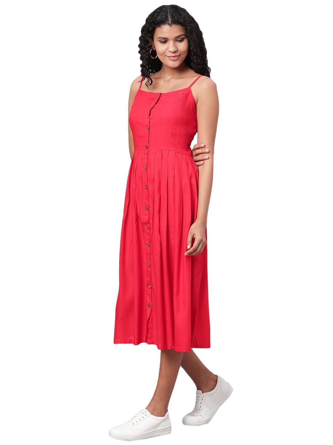Women's Red Printed Sleeveless Cotton Slub Streps Neck Casual Dress - Myshka