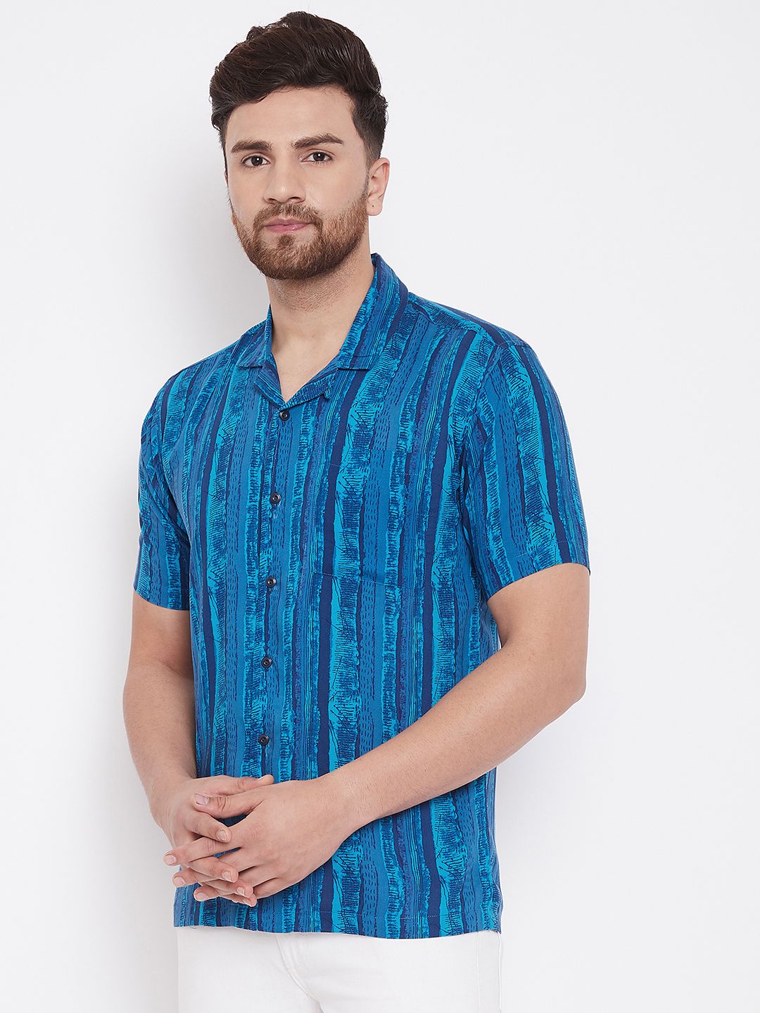 Men's Blue Summer Cuban Collar Shirt
