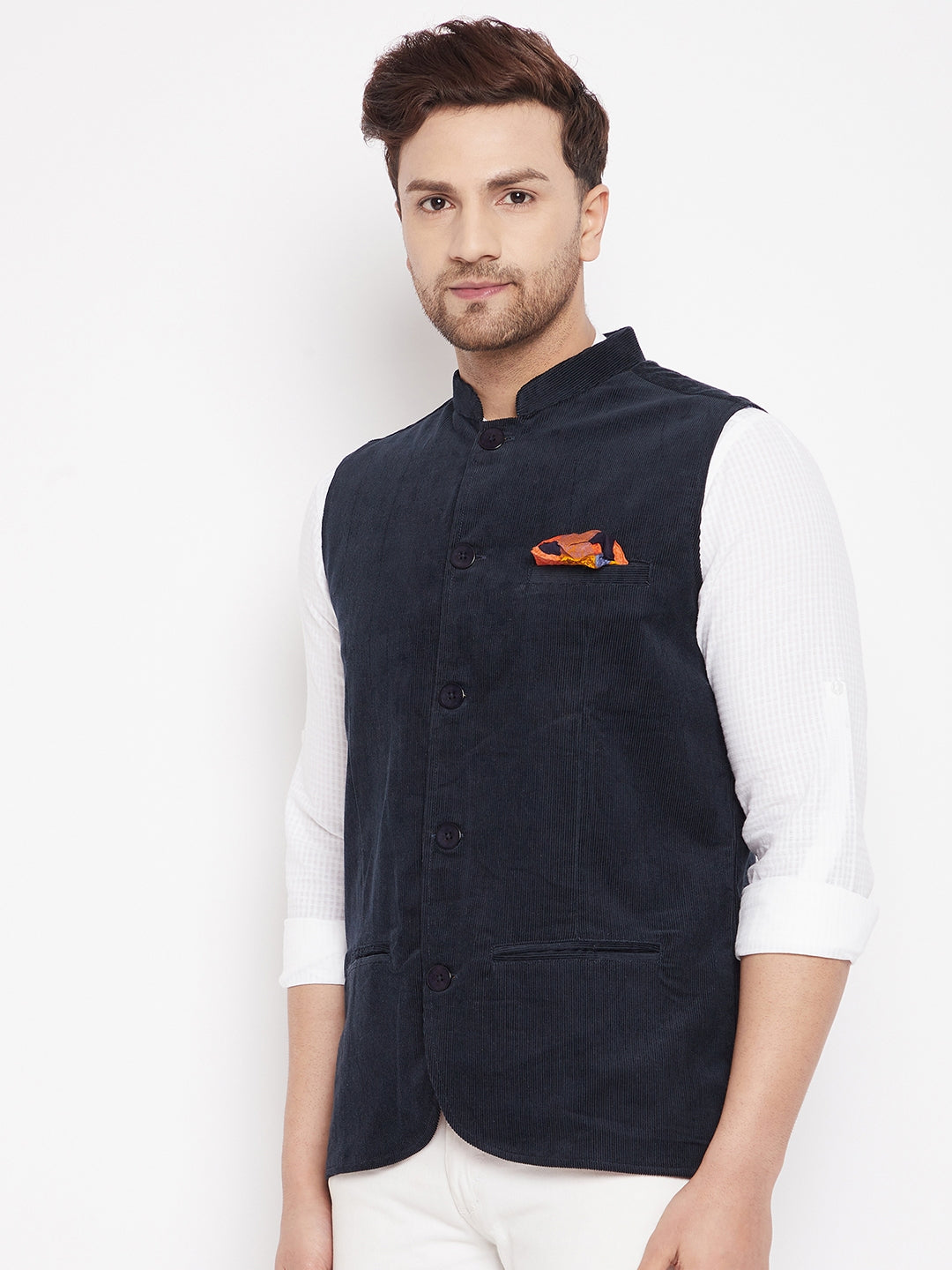 Men's Navy Color Nehru Jacket-Contrast Lining-Inbuilt Pocket Square - Even Apparels