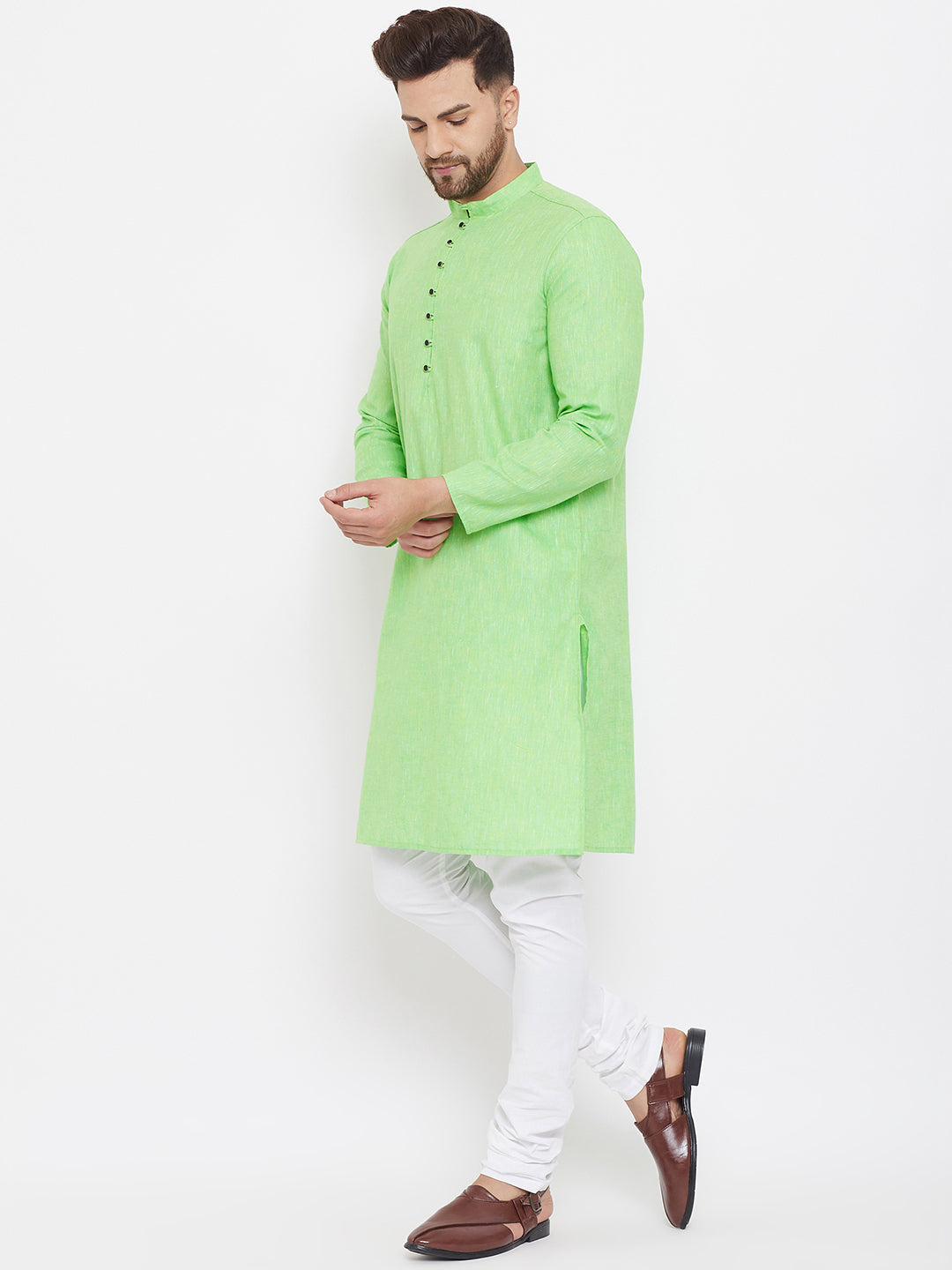 Men's Solid Green Placket Detail Cotton Kurta