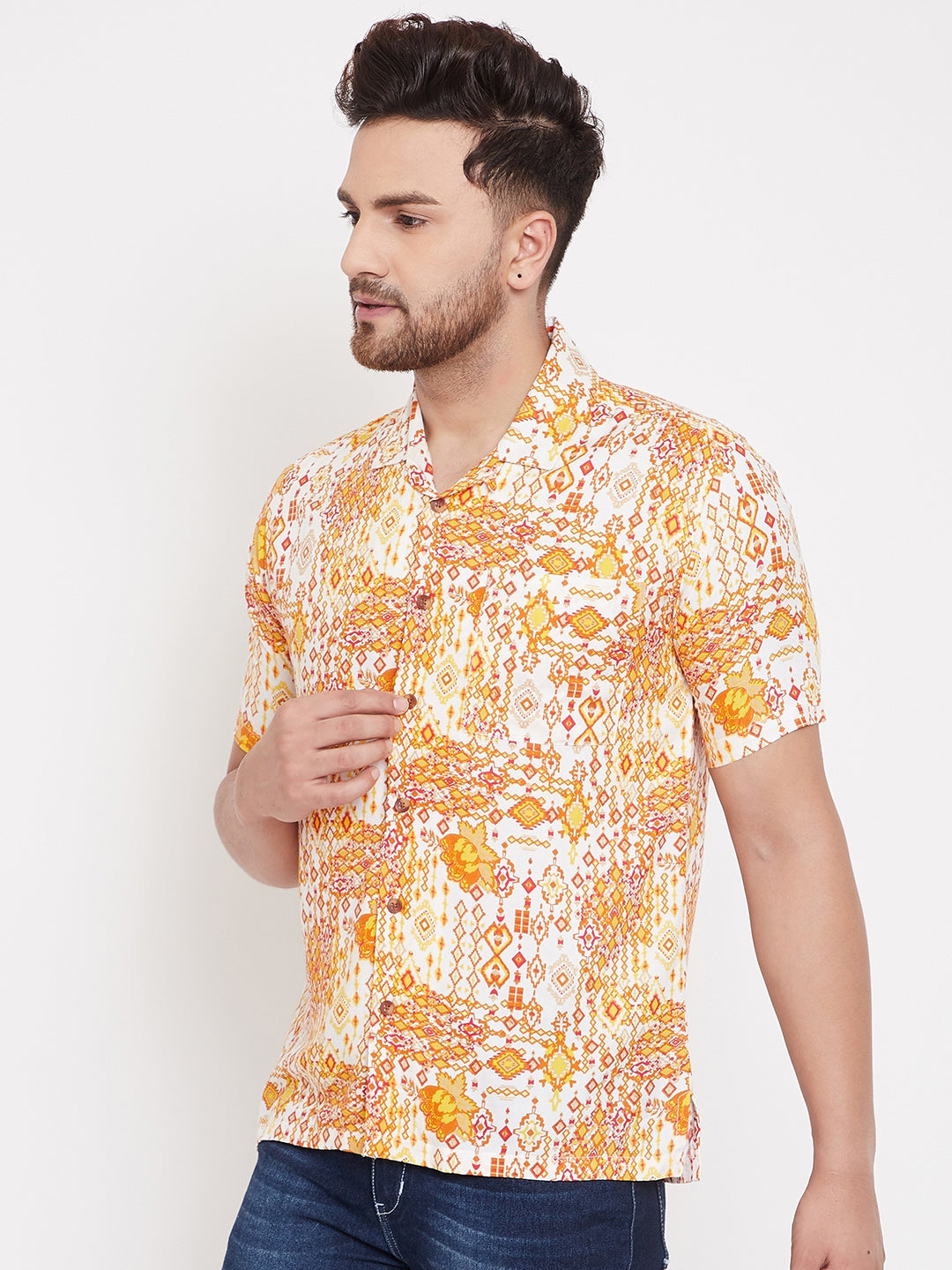 Men's Orange Summer Cuban Collar Shirt