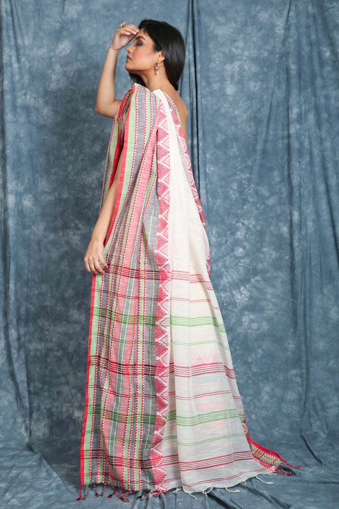 Women's White Begampuri  Cotton Saree With Multicolor Skirt Border - In Weave Sarees
