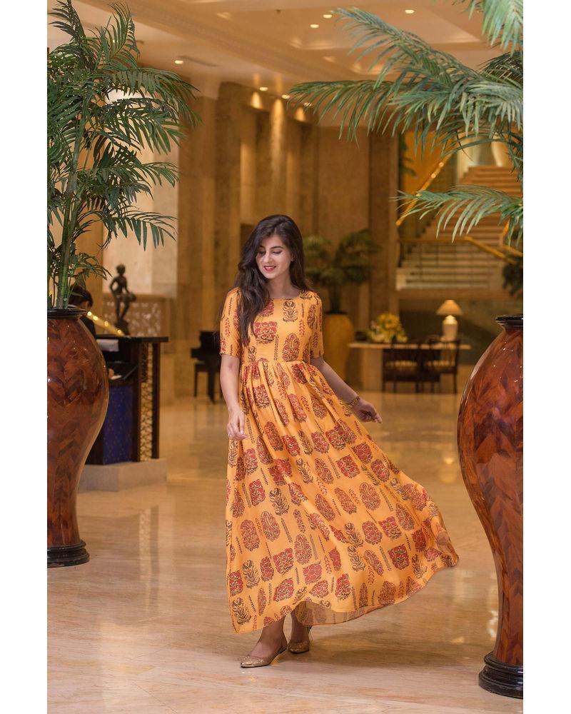 Women's Mustard Color Printed Long Kurta Dress (1pc set) - Label Shaurya Sanadhya