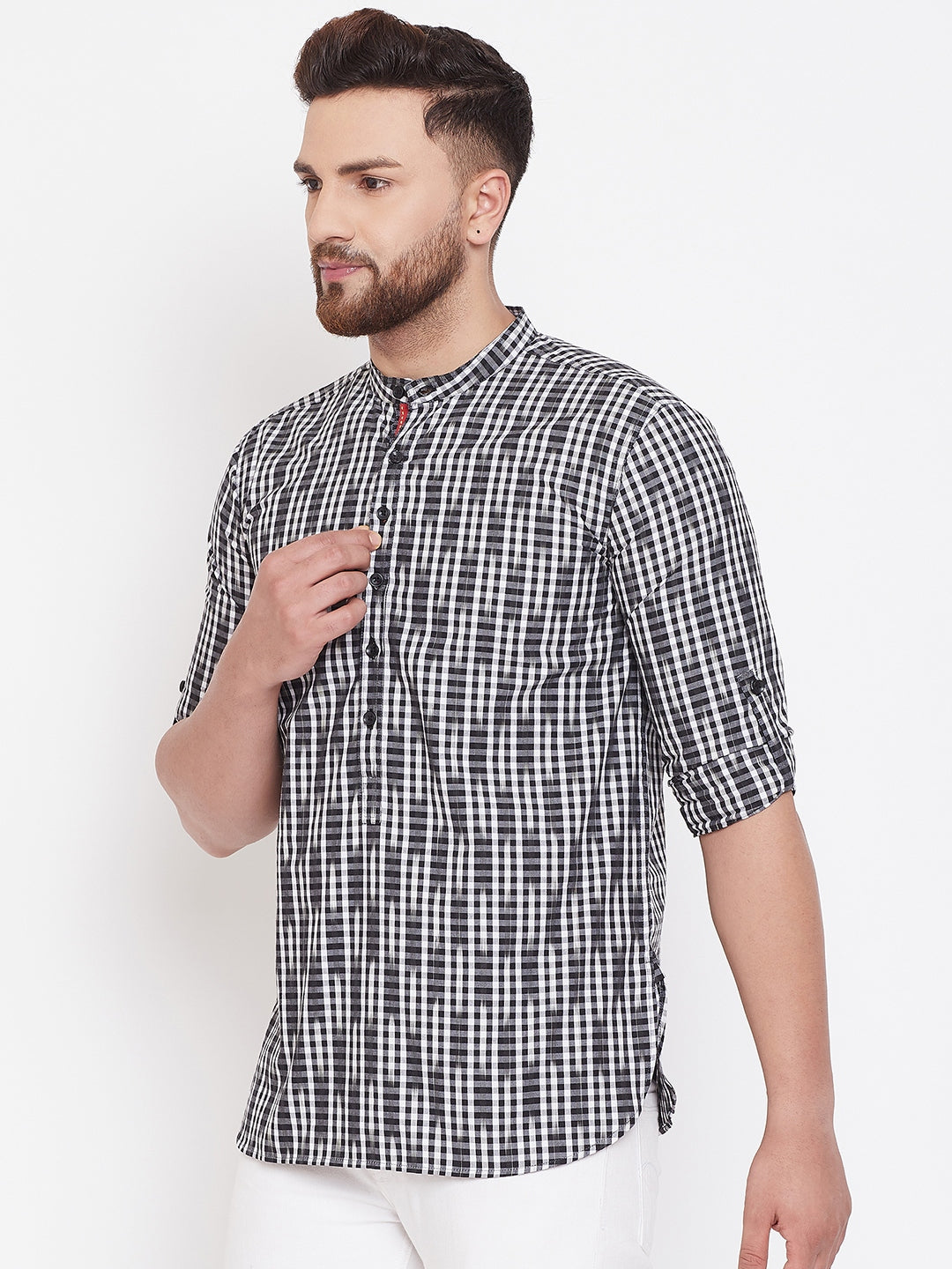 Men's Black and White Striped Nehru Kurta