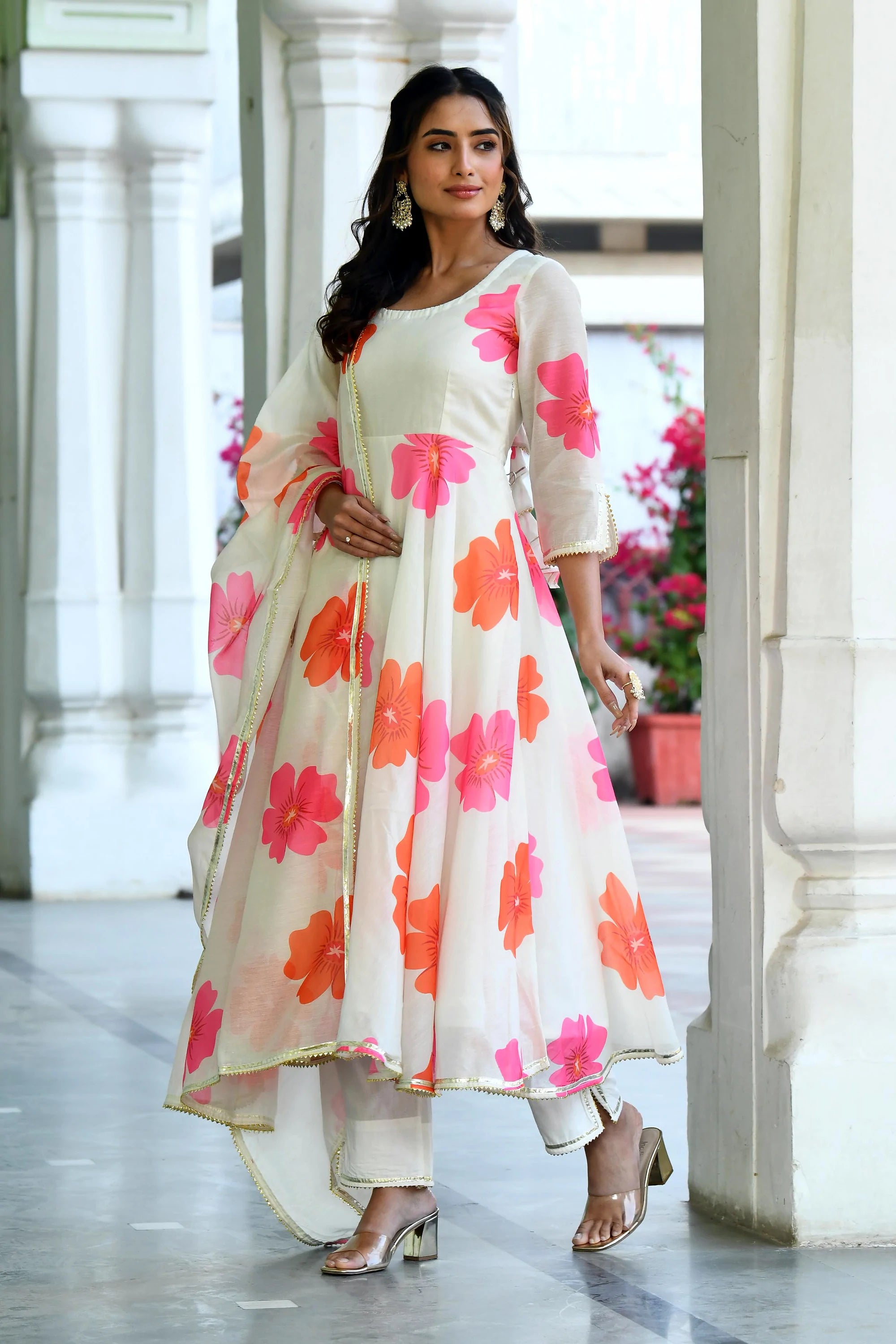 Women's Floral Print White Anarkali Suit - Saras The Label - (3Pc Set)
