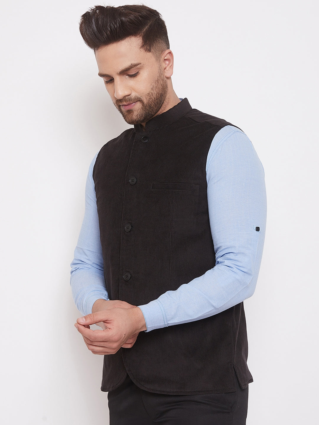 Men's Black Corduroy Solid Nehru Jacket