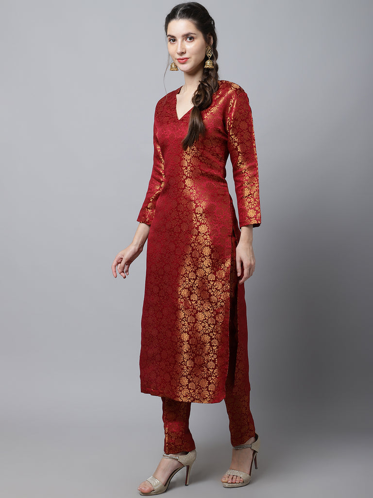 Women's Maroon Brocade Straight Kurti With Straight Pants