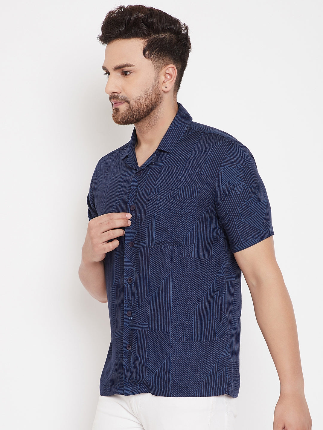 Men's Striped Navy Blue Cuban Collar Shirt