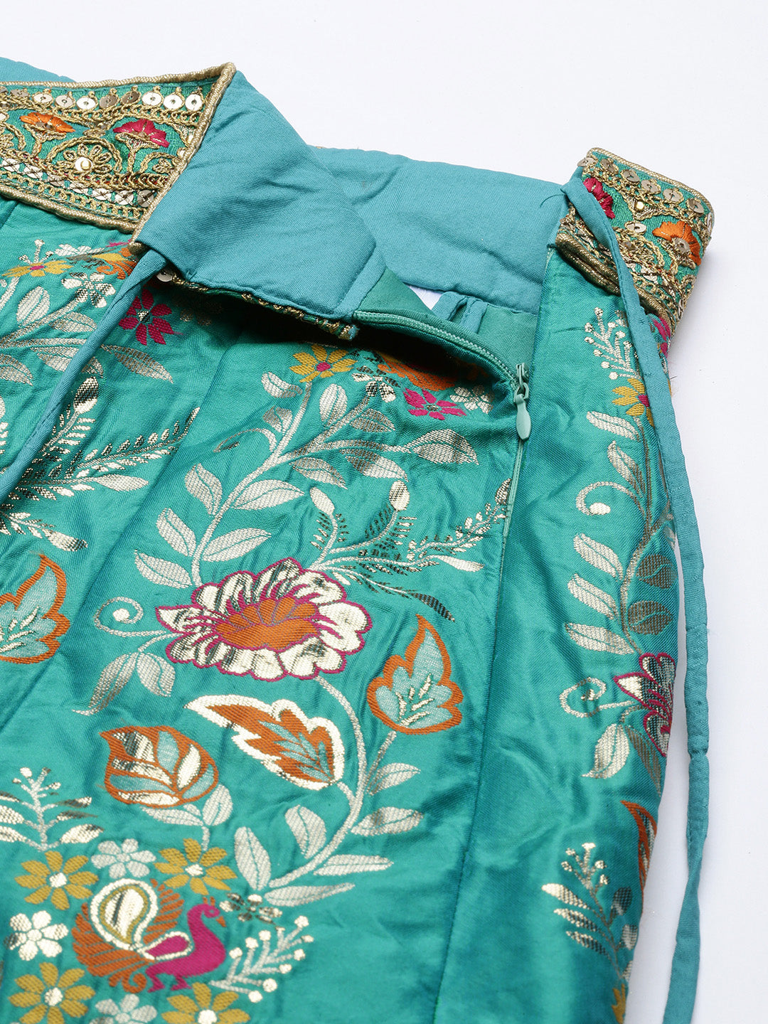 Women's Sea Green Poly Silk Jacquard Woven Work Lehenga & Blouse With Dupatta - Royal Dwells