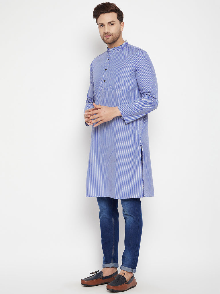 Men's Blue Color Long Kurta with Band Collar