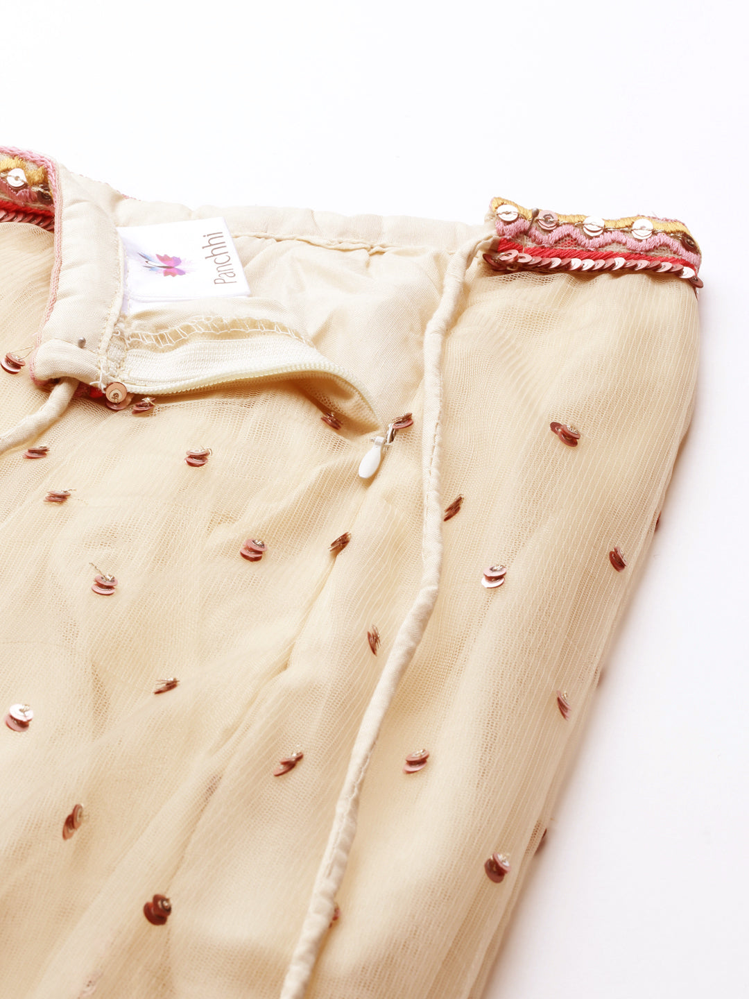 Women's Cream Net Multi Colour Thread & Sequince Work Lehenga & Blouse, Dupatta - Royal Dwells