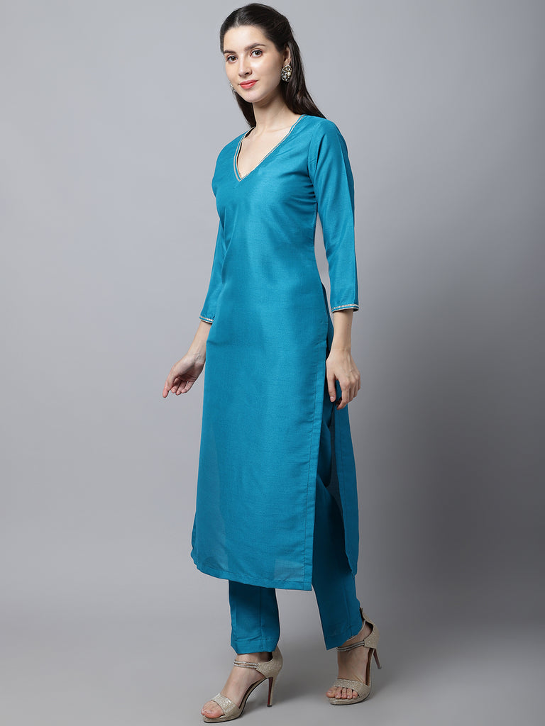 Women's Celeste Blue Silk Kurti With Straight Pants