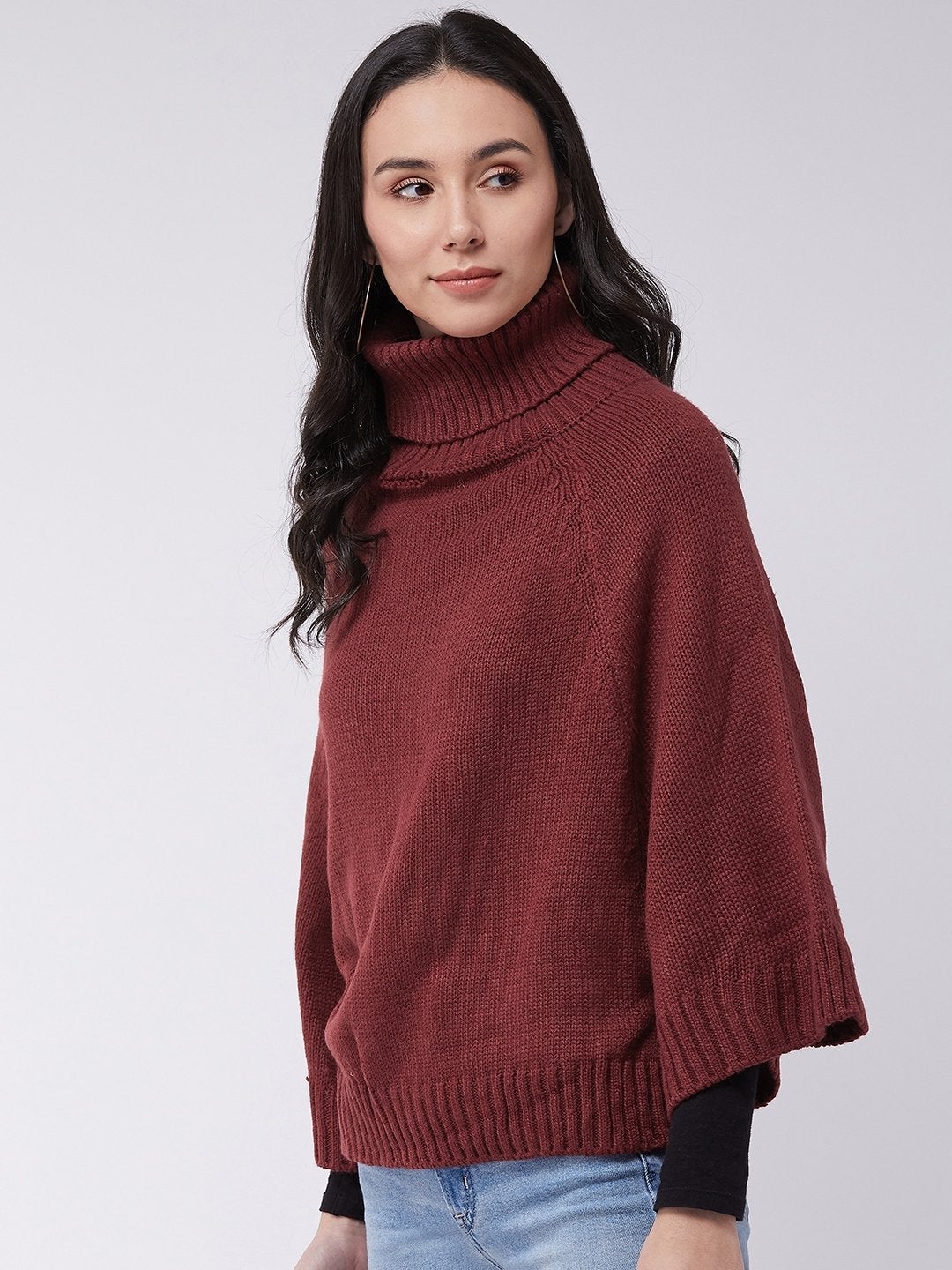 Women's Maroon Sweater Poncho - InWeave