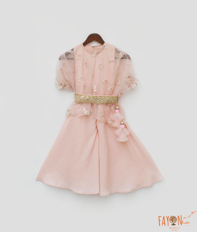 Girl's Peach Crepe Jumpsuit And Organza Cape
