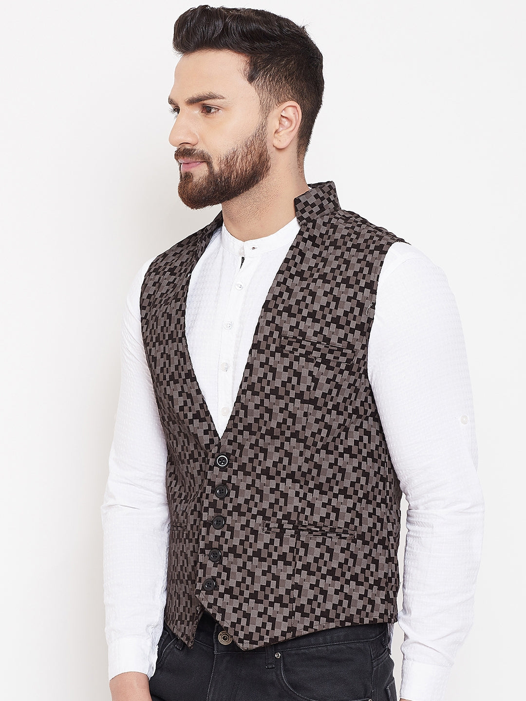 Men's Printed Brown Pure Cotton Waistcoat  - Even Apparels