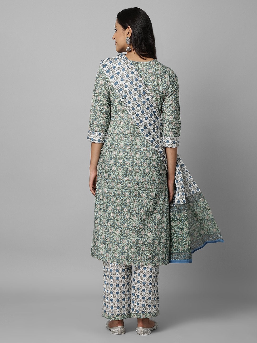Women's Green And White Floral Printed Side Slit Straight Kurta With Palazzo And Dupatta Set - Azira