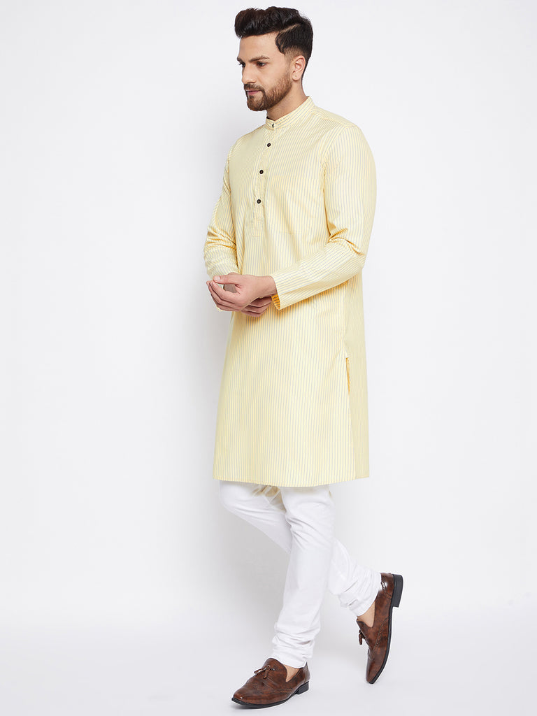 Men's Cotton Striped Yellow Kurta