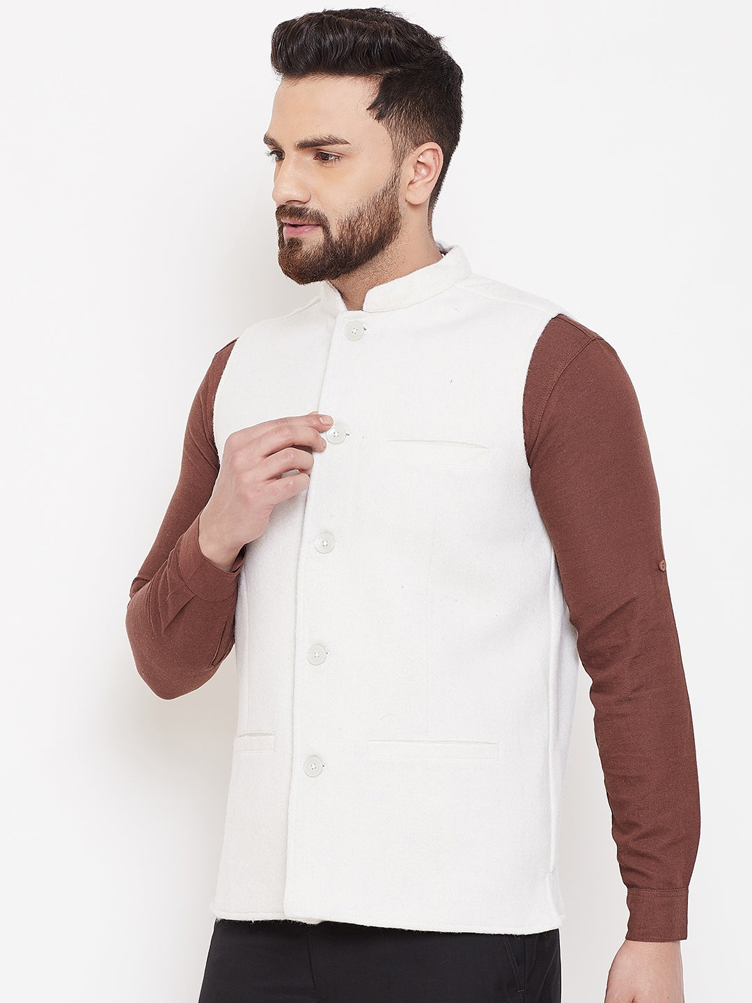 Men's White Wool Nehru Jacket  - Even Apparels