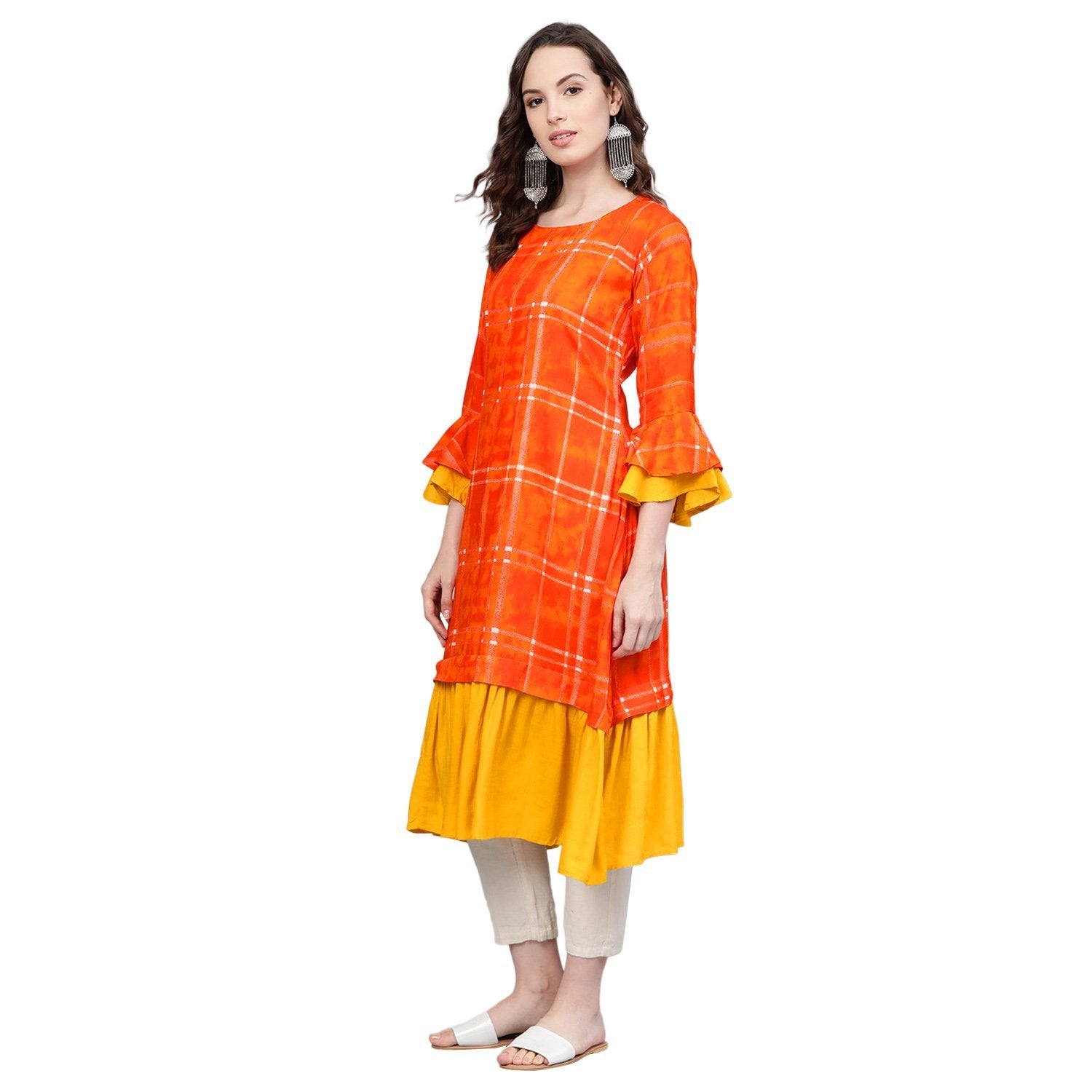 Women's Orange Rayon Printed 3/4 Sleeve Round Neck Casual Kurta Only - Myshka