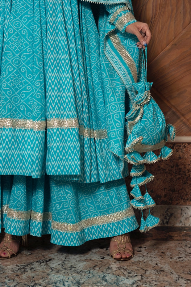 Women's Neelkari Blue Cotton Anarkali Suit Set - Pomcha Jaipur