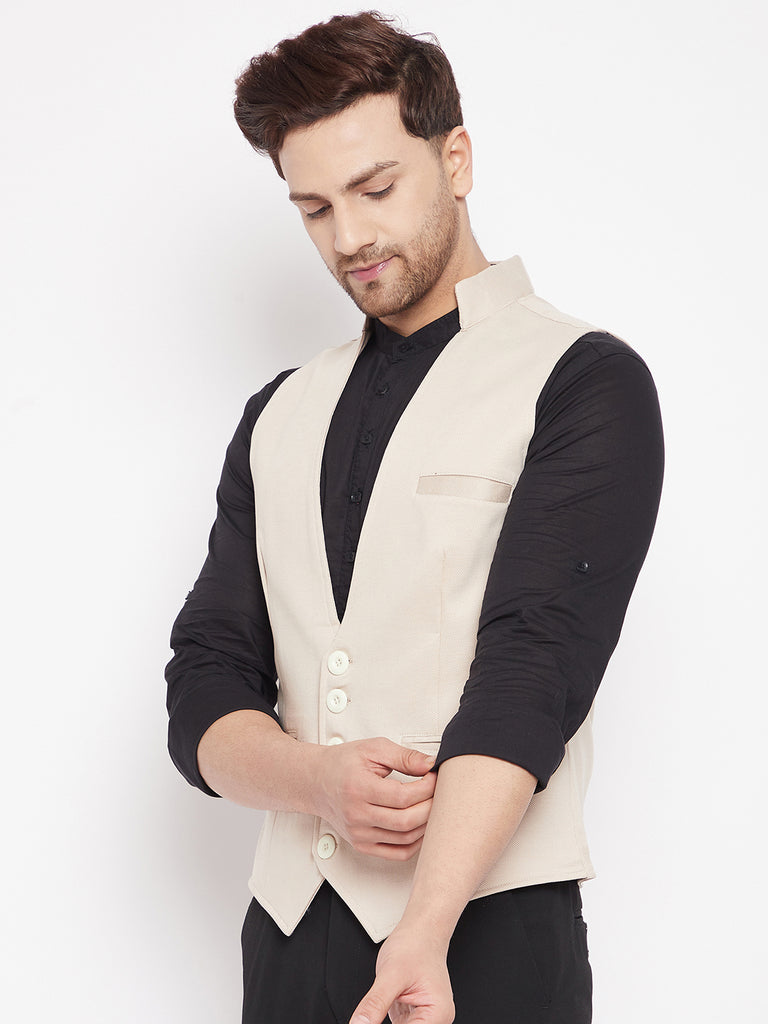 Men's Cream Color Woven Nehru Jacket