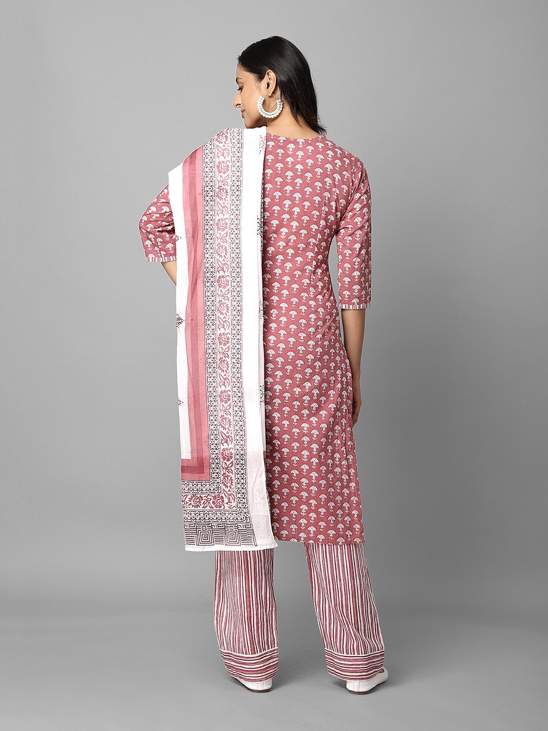 Women's Pink And White Ethnic Printed Side Slit Straight Kurta Palazzo And Dupatta Set - Azira